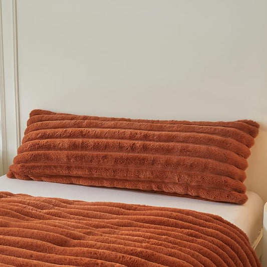 MEGO Fluffy Faux Rabbit Fur Body Pillow Cover, Soft Comfy Furry Striped 20x54 Bed Body Pillowcase, Plush Fuzzy Ribbed Bedroom Long Pillow Case with Zipper for Adults Kids Girls Teens, Burnt Orange