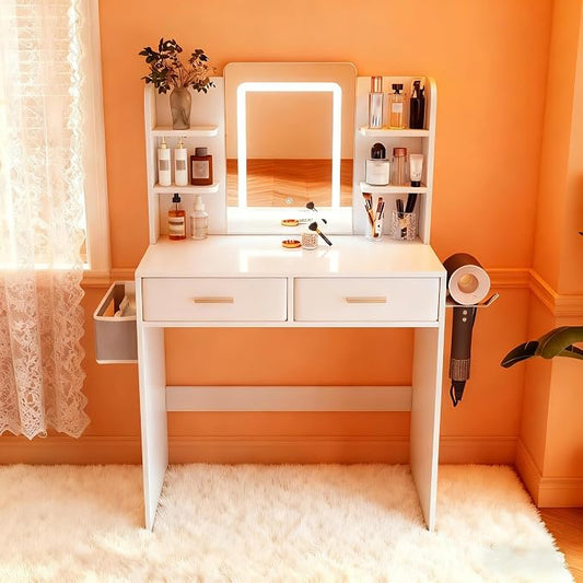 Casaphoria White Vanity Desk with 3-Color LED Mirror, 27.5" Makeup Table with Storage Drawers for Bedroom, Vanity Table with Hair Dryer Stand & Non-Woven Storage Bag for Women and Girls