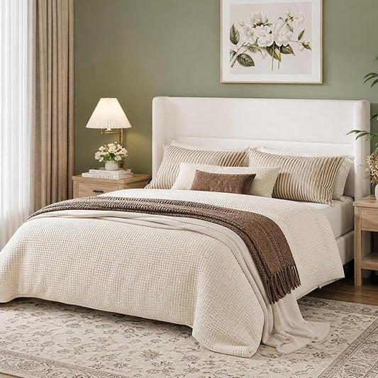 Garvee Full Size Bed Frame with Wingback Headboard, Velvet Upholstered Platform Bedframe with Wood Slats, No Box Spring Needed, Easy Assembly, White