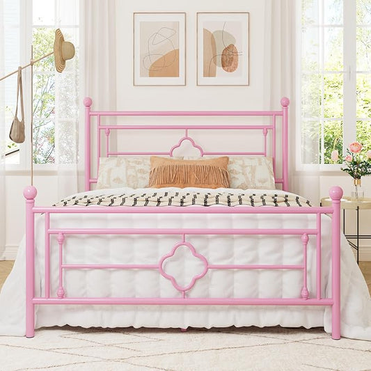 Allewie Queen Size Metal Platform Bed Frame with Victorian Vintage Headboard and Footboard/Mattress Foundation/Under Bed Storage/No Box Spring Needed/Noise-Free/Easy Assembly, Pink