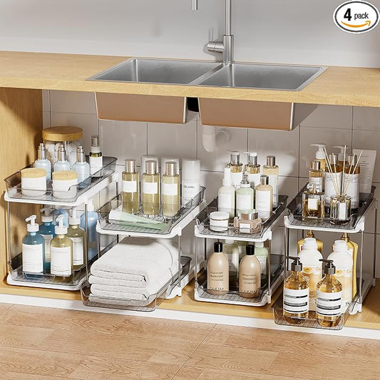 Delamu 2-Tier Multi-Purpose Bathroom Under Sink Organizers and Storage, Stackable Kitchen Pantry Organization, Pull Out Medicine Cabinet Organizer with Movable Dividers, Grey, 4 Pack