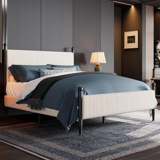 Garvee Full Size Upholstered Bed Frame - with Velvet Headboard, Soft Corduroy Fabric Platform with Wooden Slats Support & Heavy Duty Feet, No Box Spring Needed, Noise Free, Easy Assembly, White