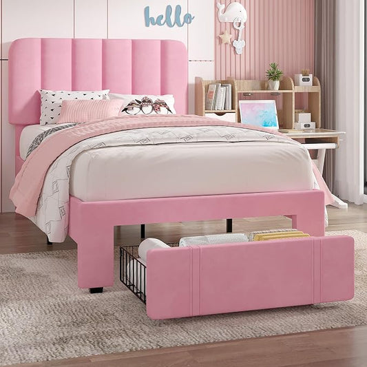 VECELO Twin Size Upholstered Bed Frame with 4 Drawers and Headboard, Velvet Platform Storage Bedframe, Wooden Slats Support, No Box Spring Needed,Pink