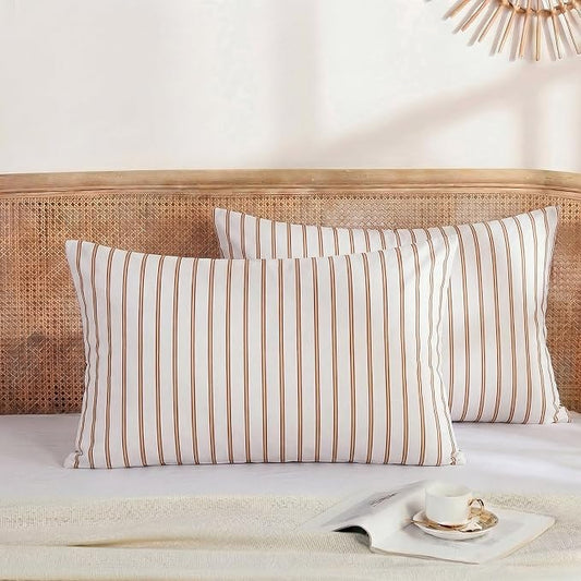 Merryword 100% Cotton Pillow Cases, Standard Size Pillowcases, Beige and Terracotta Striped Pillowcases, Soft Breathable Engineered Stripes Pillow Covers, Set of 2