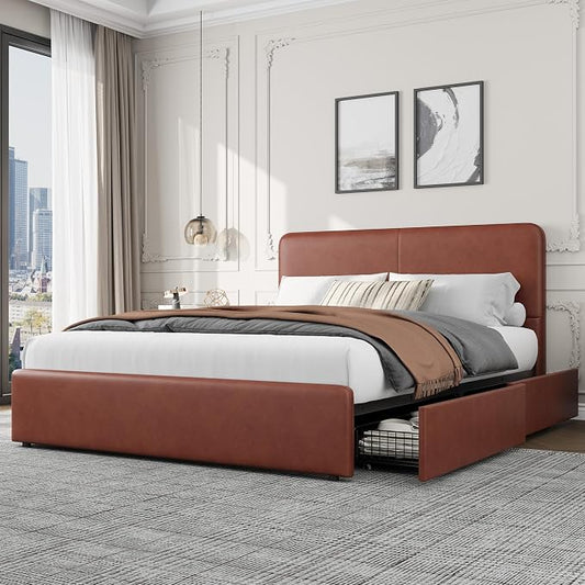 GarveeHome Modern Upholstered Platform Bed Frame with Headboard and Storage Drawers – PU Brown Faux Leather, Sturdy Wood Slats, Noise-Free, No Box Spring Needed, Easy Assembly – King Size, PU Brown