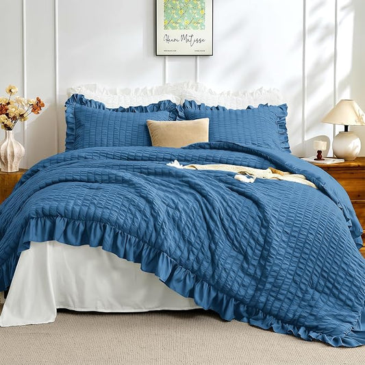 JOLLYVOGUE Teal Comforter Full Size, 3 Pieces Seersucker Lightweight Full Size Bedding, All Season Fluffy Microfiber Bedding Comforter Set with 1 Ruffle Comforter and 2 Ruffle Pillowshams
