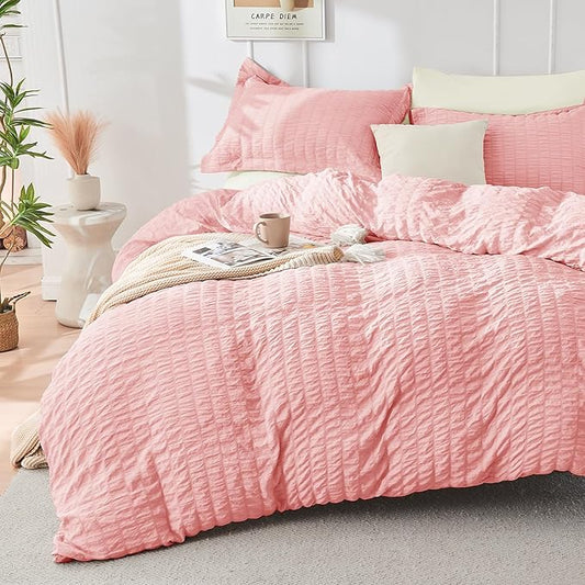 HYMOKEGE Pink/Ivory Duvet Cover Full Size, Ultra Soft 3-Piece Seersucker Duvet Cover Set with Zipper Closure, Soft Brushed Microfiber Bedding Set with 8 Corner Ties (80"x90", 2 Pillowshams)