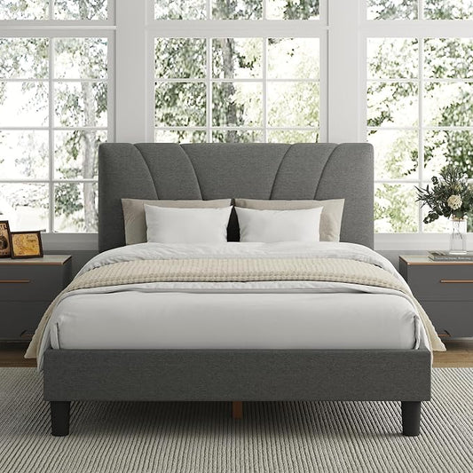 Avenco Full Bed Frame, Upholstered Platform Bed Frame with Adjustable Headboard, Wood Slat Support, Easy Assembly, No Box Spring Needed, Light Grey