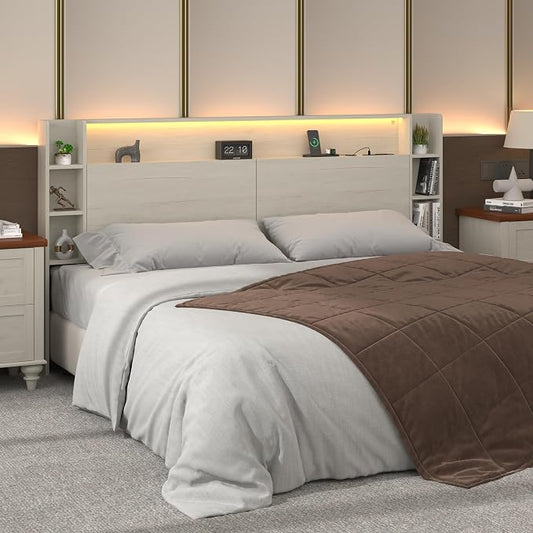 Queen Headboard Only with Shelves Storage, Headboards with Charging Station 2 USB Ports and LED Light,Sturdy and Stable Modern Sturdy and Stable Wood Bed Board (White, Queen) | Solid wood leg, chargestation, Storage