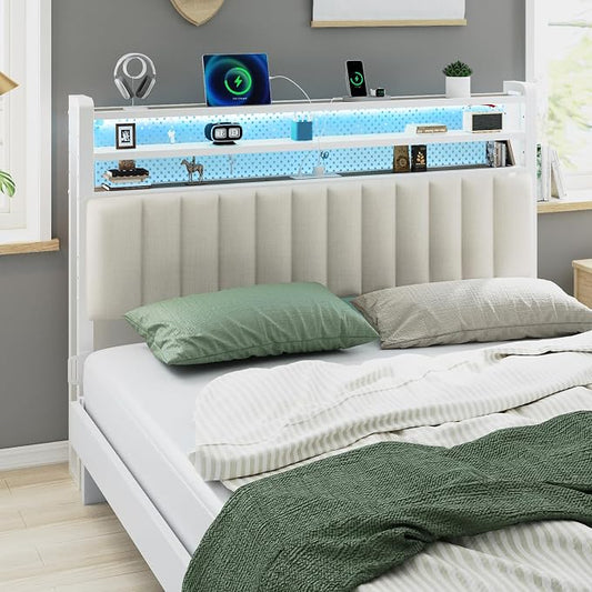 VINGLI King Size Headboard with Shelf, Adjustable Upholstered Headboards with Storage, 3 Tier Shelves and LED Lights, Charging Stations and Pegboard, Modern Bed Head Board, White