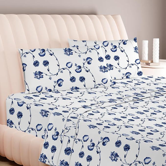 Carressa Linen California King Egyptian Cotton Sheet Sets - 600 Series Hydrangeas Printed Cal King Cotton Sheet Set (4 PC, Floral Blue),16" Deep Pocket Sateen Weave Luxury Hotel Bed Sheets