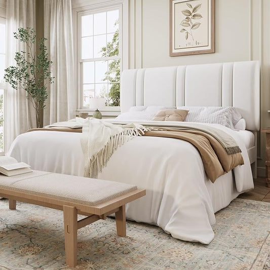 SHA CERLIN Queen Size Platform Bed Frame, Velvet Upholstered Bed with Adjustable Headboard, Vertical Channel Tufted Design, Sturdy Wood Slat Support, No Box Spring Needed, Easy Assembly, White