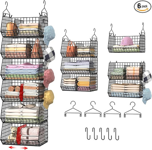 6 Tier Extra Large Hanging Storage Organizer,Hanging Closet Shelves with Dividers,Closet Organizer Wire Shelf with 5 S Hooks,Bedroom,Laundry Storag-Black