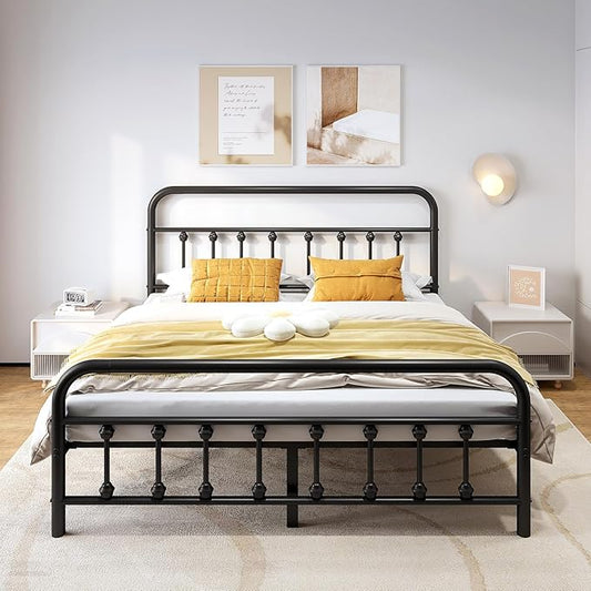 Vengarus Metal Bed Frame,Queen Size Bed Frame with Headboard,Structurally Stable, Heavy Duty Steel Slat Supported,Under Bed Storage,No Box Spring Needed,14 Inch,Black