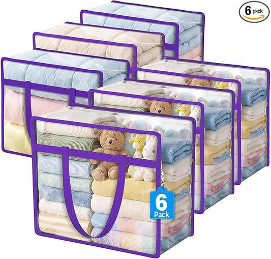 Budding Joy 6 Pack Clear Zippered Storage Bags for Clothes,40L Closet Organizers and Storage Containers Vinyl Moving Bag for Bedding, Linen, Blankets, Comforters, Clothing & Toys