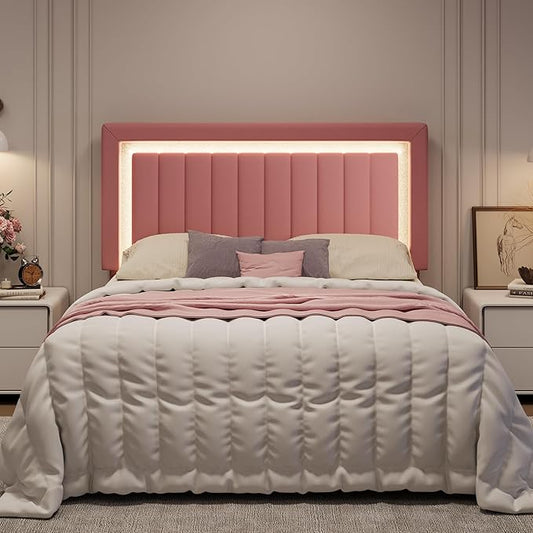 SHA CERLIN Queen Size Velvet Bed Frame with LED Light, Adjustable Vertical Channel Tufted Headboard, Strong Wooden Slats Support, Noise-Free, No Box Spring Needed, Pink