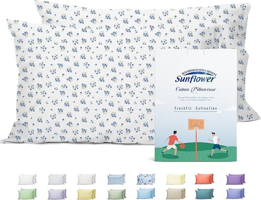 sunflower Queen Pillowcases Set of 2, 100% Cotton Queen Size Pillow Cases 2, 20×30 inches Blue Posy, Soft and Breathable