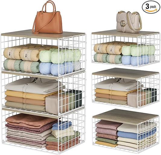 Extra-Long, Low-Profile Closet Organizers and Storage with Wood Top, 3 Pack Stackable Closet Shelf Organizer, Space-Saving Clothes Storage Bin for Wardrobe & Bedroom & Small Spaces, Sturdy (White)