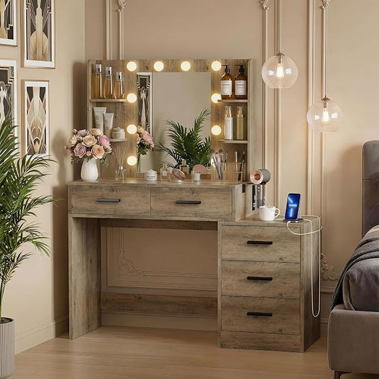 YESHOMY Makeup Vanity Desk with Mirror & Lights, Vanity Table with 5 Drawer, 6 Shelves, Charging Station for Bedroom, Dressing Room, Oak