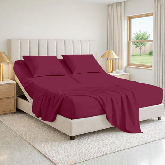 SGI bedding 36" King Split Top Flex Head Sheet 100% Egyptian Cotton 1000 TC Flex Top Sheets for Adjustable Bed 4Pc Set 15" Deep Pocket for Sleep Number Bed - Deep Red