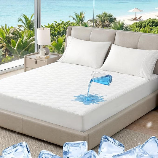 Cozy Bliss Leakproof Cooling Mattress Protector King, Q-Max 0.45 Soft Noiseless Breathable Mattress Topper Cover, with Deep Pocket Fits 8–18 Inches for Summer Bed Hot Sleepers, White