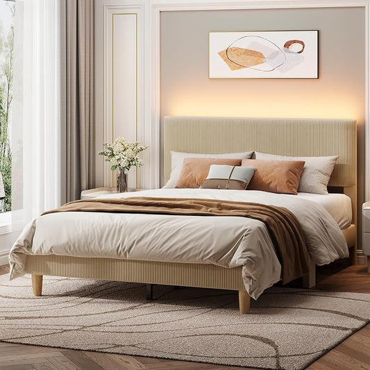 Bestier Queen Bed Frame with Adjustable Headboard, LED Lighting, Vertical Channel Tufted Corduroy Upholstered, Solid Wooden Slats Support, No Box Spring Needed, Never Squeaks, Easy Assembly, Taupe