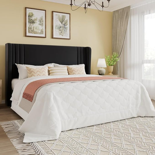 SHA CERLIN Queen Size Velvet Upholstered Platform Bed Frame with Vertical Channel Tufted Wingback Headboard, Wooden Slats Support, Easy Assembly, Under Bed Storage, No Box Spring Required, Black