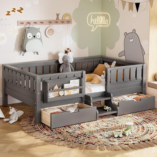 Bellemave Twin Size Kids Montessori Bed with Stairs and Bookshelf,Solid Wood Twin Size Kids Bed Frame with Drawers and Storage for Girls Boys,Low-Profile,Gray