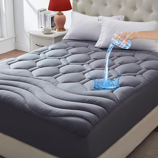 ELVEN HOME Twin Size Mattress Pad Waterproof, Pillow Top Cooling Twin Mattress Topper for Single Bed, Pee Proof Mattress Protector Cover Quilted Fitted with 8-21" Deep Pocket (39x75 inch, Grey)