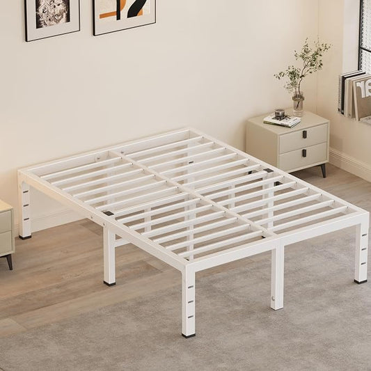 18 Inch Full Size Bed Frames, Heavy Duty Metal Platform 3500 lbs Capacity, No Box Spring Needed, 6 Mattress Slide Stopper, Headboard Holes, Noise-Free, Easy Assembly, White