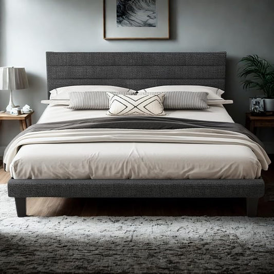 VINGLI King Size Bed Frame and Headboard,Panel Soft Bed with Linen Fabric Upholstered Padding, Low Profile Bed with Durable Wooden Slats Support, No Squeak, Dark Gray