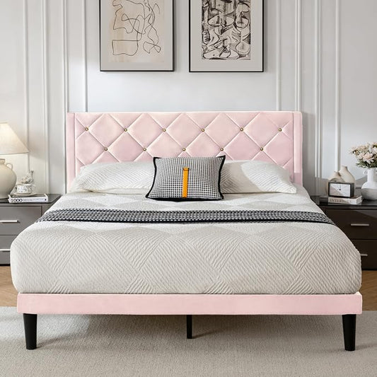 Full Bed Frame with Headboard, Bed Frame Full Size with Sturdy Wooden Slats Support, Platform Frame with Velvet Upholstered Headboard, Mattress Foundation, Easy Assembly, No Box Spring Needed Pink