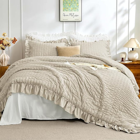 JOLLYVOGUE King Size Comforter Set, 3 Pieces Linen Seersucker Comforters King Size, Lightweight & Fluffy Bedding Sets King for All Season with 1 Ruffle Comforter and 2 Ruffle Pillowshams