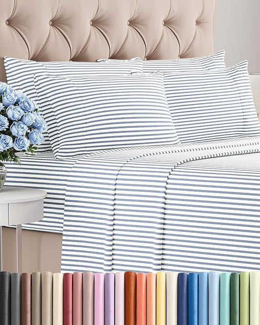 Queen 6 Piece Sheet Set - Comfy, Breathable & Cooling - Soft Hotel Luxury Bedding for Women, Men, Kids, Teens and Children - 1 Flat & 1 Fitted Sheet & 4 Pillowcases with Deep Pockets - Blue Stripes 2