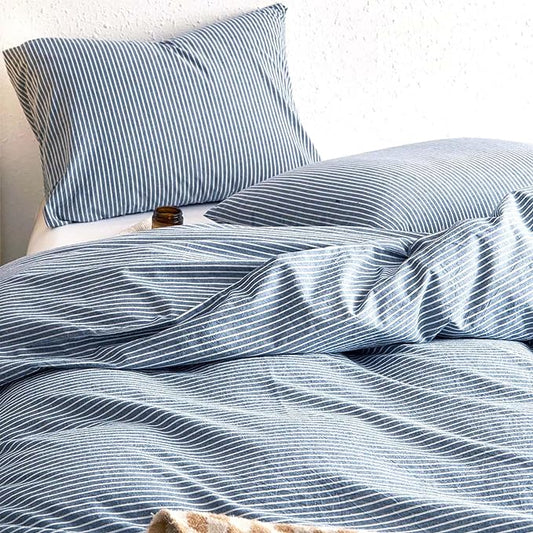 Wake In Cloud - Striped Cotton Duvet Cover Set, 100% Washed Cotton Textured Percale Bedding Set, Ticking Stripe Pinstripe Farmhouse, 3 Pieces, Denim Blue, California King Size