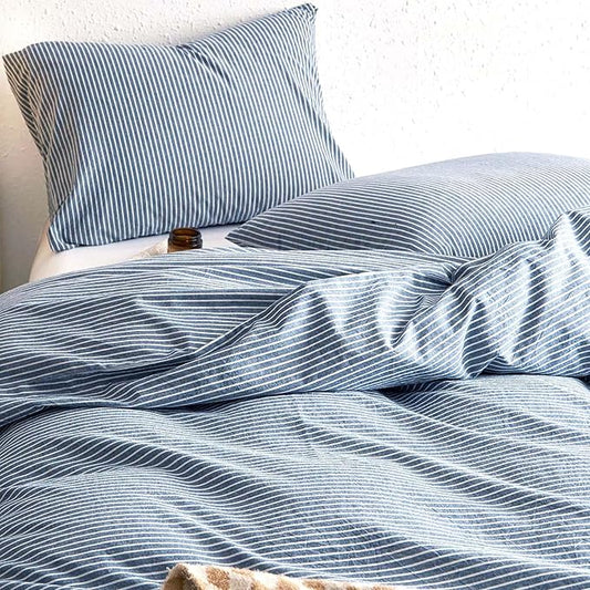 Wake In Cloud - Striped Cotton Duvet Cover Set, 100% Washed Cotton Textured Percale Bedding Set, Ticking Stripe Pinstripe Farmhouse, 3 Pieces, Denim Blue, Full Size