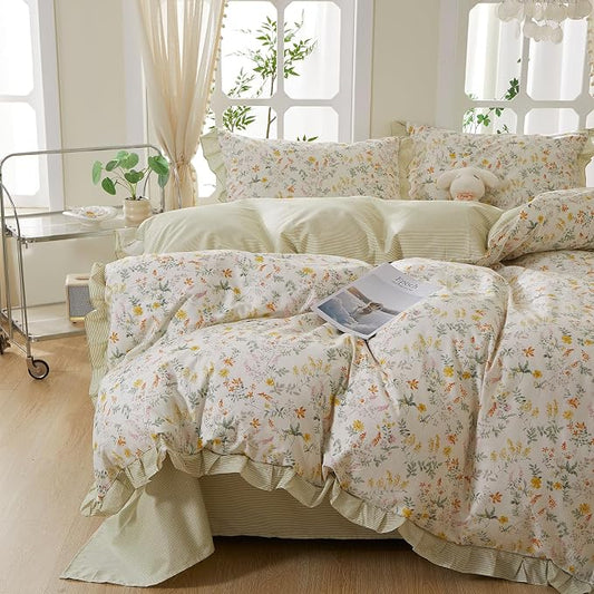 mixinni 100% Cotton Duvet Cover Set King, Reversible Spring Floral Ruffle Green Striped Bedding for Girls, French Country Cottagecore Aesthetic 3PC Duvet Cover with Zipper Closure & Pillowcases
