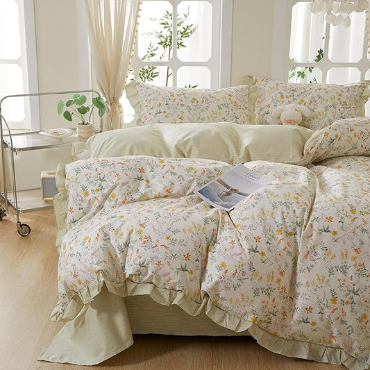 mixinni 100% Cotton Duvet Cover Set Twin, Reversible Spring Floral Ruffle Green Striped Bedding for Girls, French Country Cottagecore Aesthetic 3PC Duvet Cover with Zipper Closure & Pillowcases