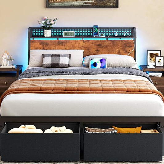 Furnulem Queen Size Bed Frame with Headboard Storage, Platform Bed Frame Queen Size with 2 Drawers, Charging Station and LED Lights, No Box Spring Needed, Noise Free, Easy Assembly (1200 lbs Capacity)