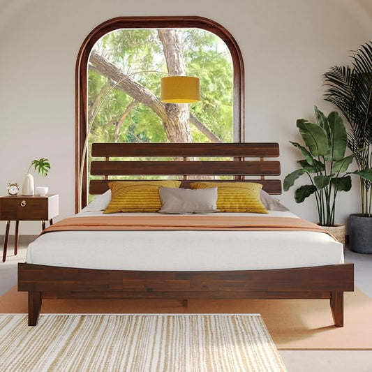 Bme Caden King Size Bed Frame and Adjustable Headboard, 15 Inch Mid Century Retro Style - Solid Acacia Wood - No Box Spring Needed - 12 Strong Wood Slat Support - Easy Assembly - Walnut