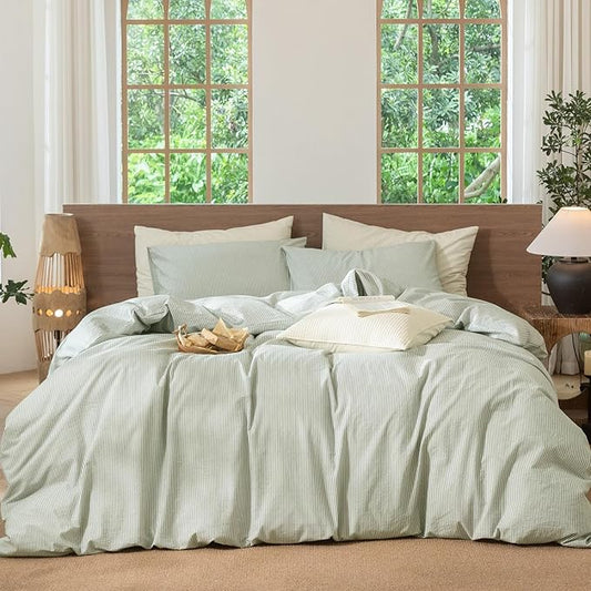 MooMee Striped Duvet Cover Set 100% Washed Cotton Linen Like Textured Breathable Durable Soft Comfy (Sage Green White Pinstripes, Alaska King 132"x120")