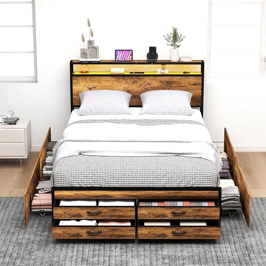 Zevemomo Full Bed Frame with 8 Storage Drawers, Full Metal Bed Frame with LED Light and Charging Station, Heavy Duty Metal Slats, No Box Spring Needed, Rustic Brown