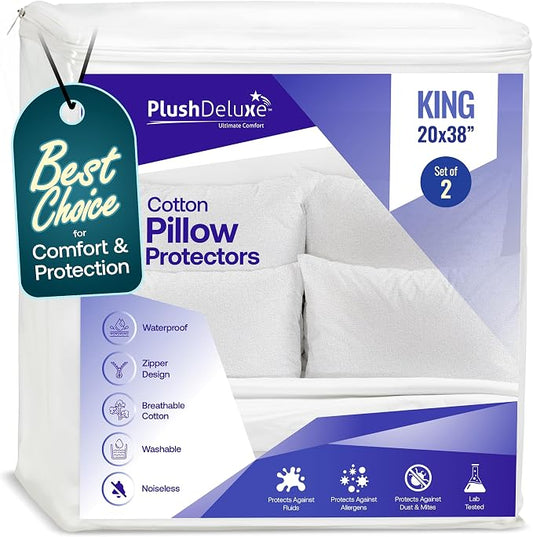 Premium Waterproof Pillow Protectors - King Size 20''x38'' Set of 2 - Zippered Pillow Cover Made with Soft Terry Cotton Fabric - Hypoallergenic and Dust Proof