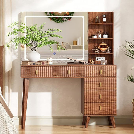 Large Makeup Vanity Desk with Mirror and Lights, Vanity Desk with 6 Drawers & Storage Shelves, Vanity Table with Power Outlet, 3 Color Modes & Adjustable Brightness Dressing Table, Bedroom,Walnut1