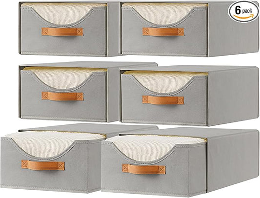 6 Pcs 16.5" Closet Drawers and Large Size Clothes Storage Bins Push-Out Storage Stackable Shelf Drawers with See-Through Window Closet Organizers for Bedroom, Living Room, Under Bed, Grey
