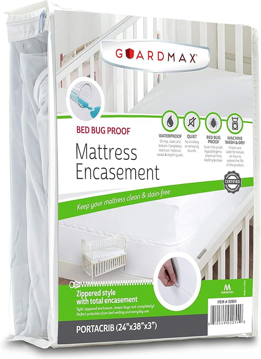 Guardmax Portacrib Mattress Encasement with Zipper, Waterproof, Bed Bug Proof, and Dust Mite Proof Mattress Protector for Portacrib Size Bed up to 3" Deep, Zippered All Around Jersey Knitted Cover