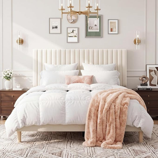 GAOMON Queen Bed Frame with Adjustable Headboard, Velvet Upholstered Platform Queen Size Bed Frame, Wooden Slats Support, No Box Spring Needed, Easy Assembly, Beige