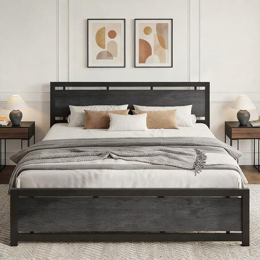 LIKIMIO California King Bed Frame with Headboard and Footboard, Metal Strong Supports, Easy Assembly, Noise-Free, No Box Spring Needed, Charcoal Grey