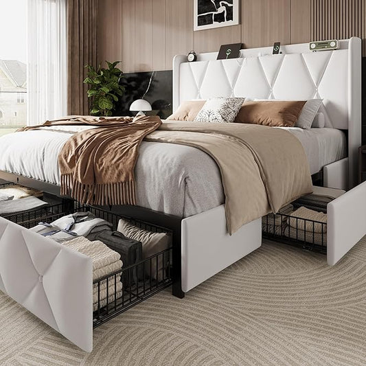 Einhomn Full Size Bed Frame with 4 Storage Drawers and Charging Station, Upholstered Platform Bed Frame with Storage Headboard, No Box Spring Needed, Easy Assembly, White