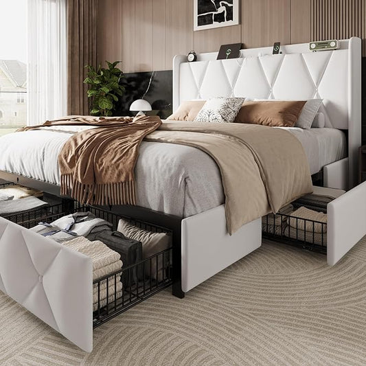 Einhomn Queen Bed Frame with 4 Storage Drawers and Charging Station, Upholstered Platform Bed Frame with Storage Headboard, No Box Spring Needed, Easy Assembly, White